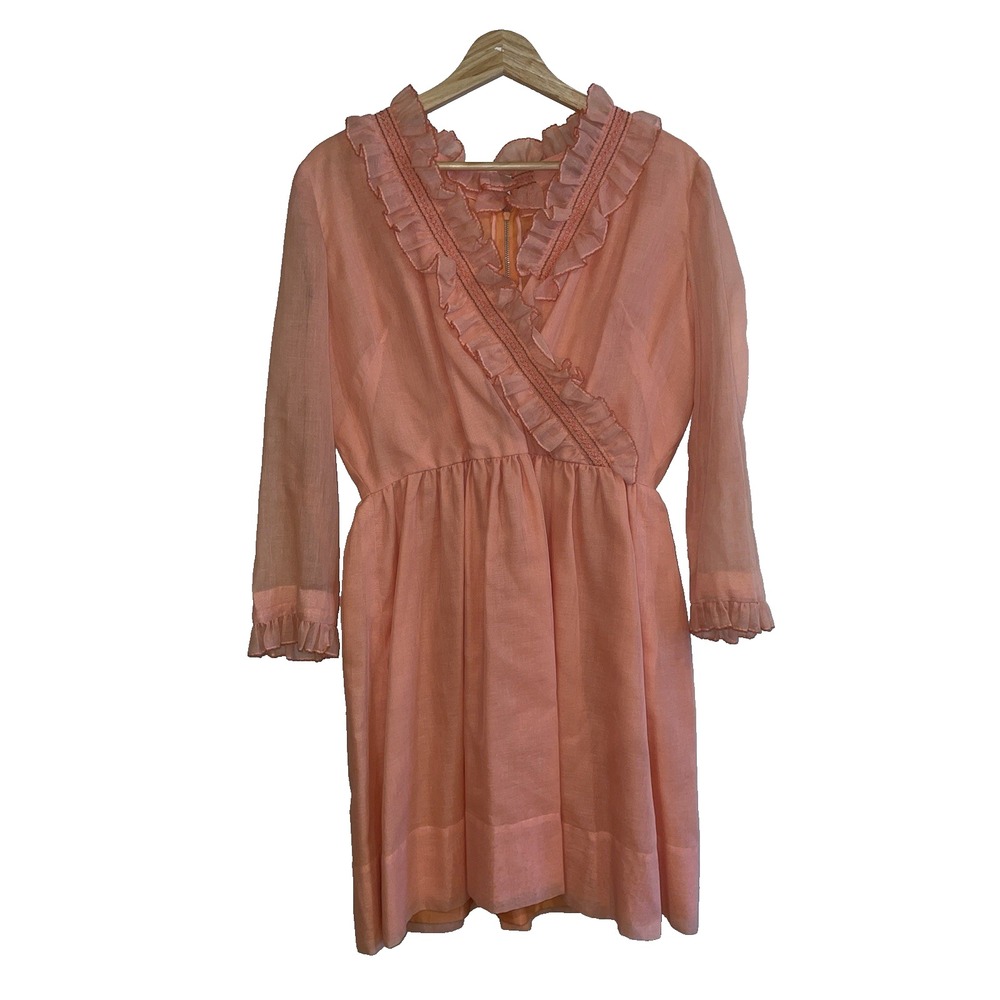 Vintage 70s Dress Peach/Pink S-M* Babydoll Disco Retro Sheer Long Sleeve